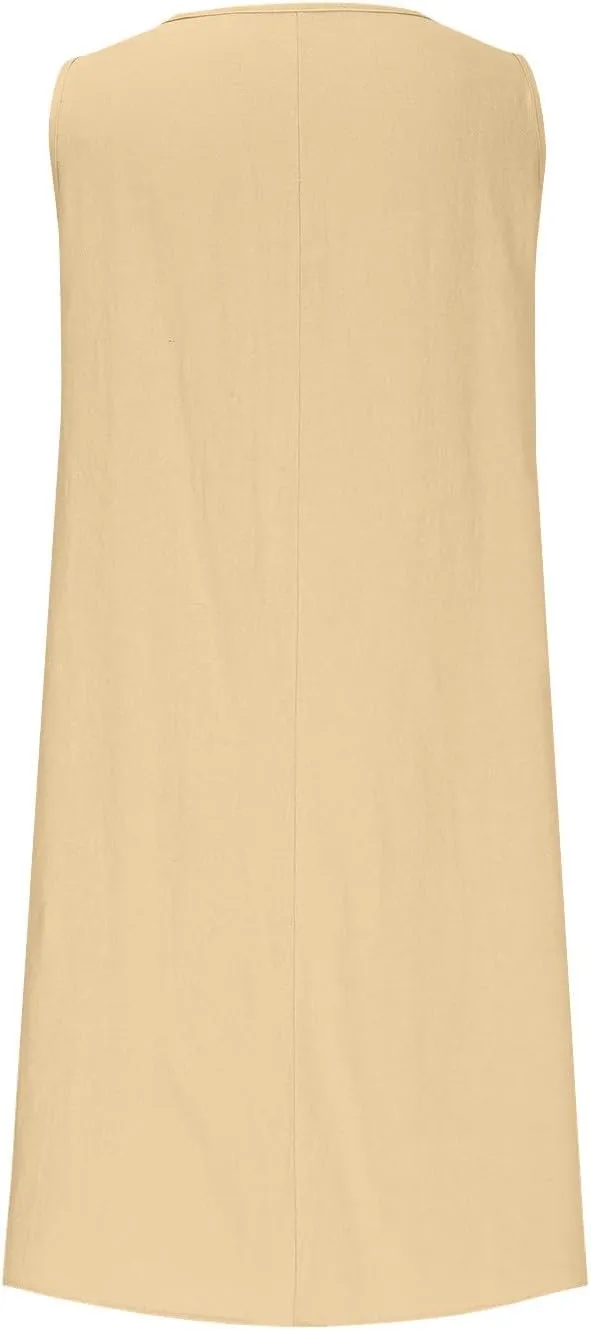 Women's Summer Cotton Linen Dress Casual Sleeveless Pleated Loose Sundress Fashion Solid Color Lounge Holiday Dress