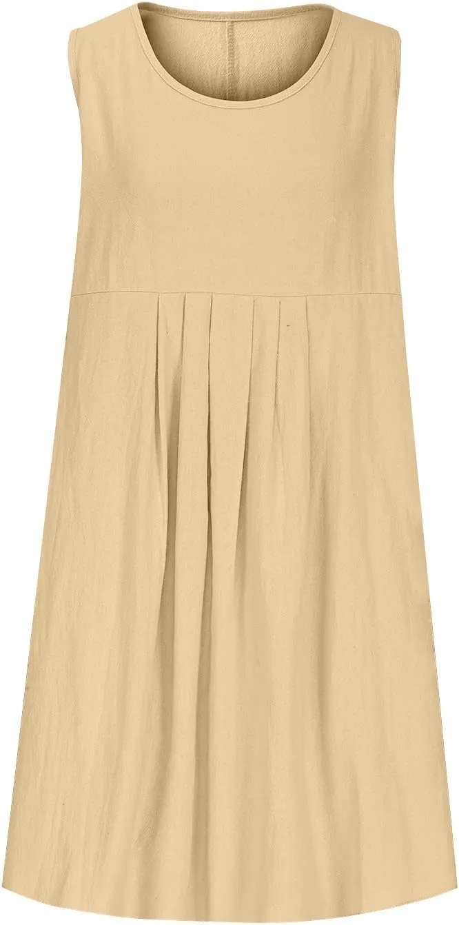 Women's Summer Cotton Linen Dress Casual Sleeveless Pleated Loose Sundress Fashion Solid Color Lounge Holiday Dress