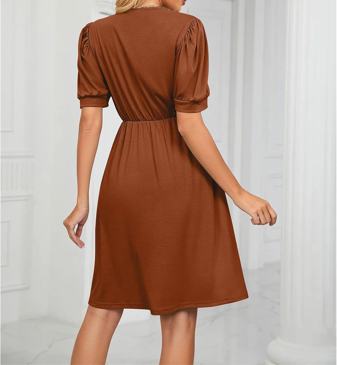 Women's Summer Dress A line Waisted Midi Dresses Lace V Neck Puff Short Sleeve Sundress Casual Cotton Beach Dress