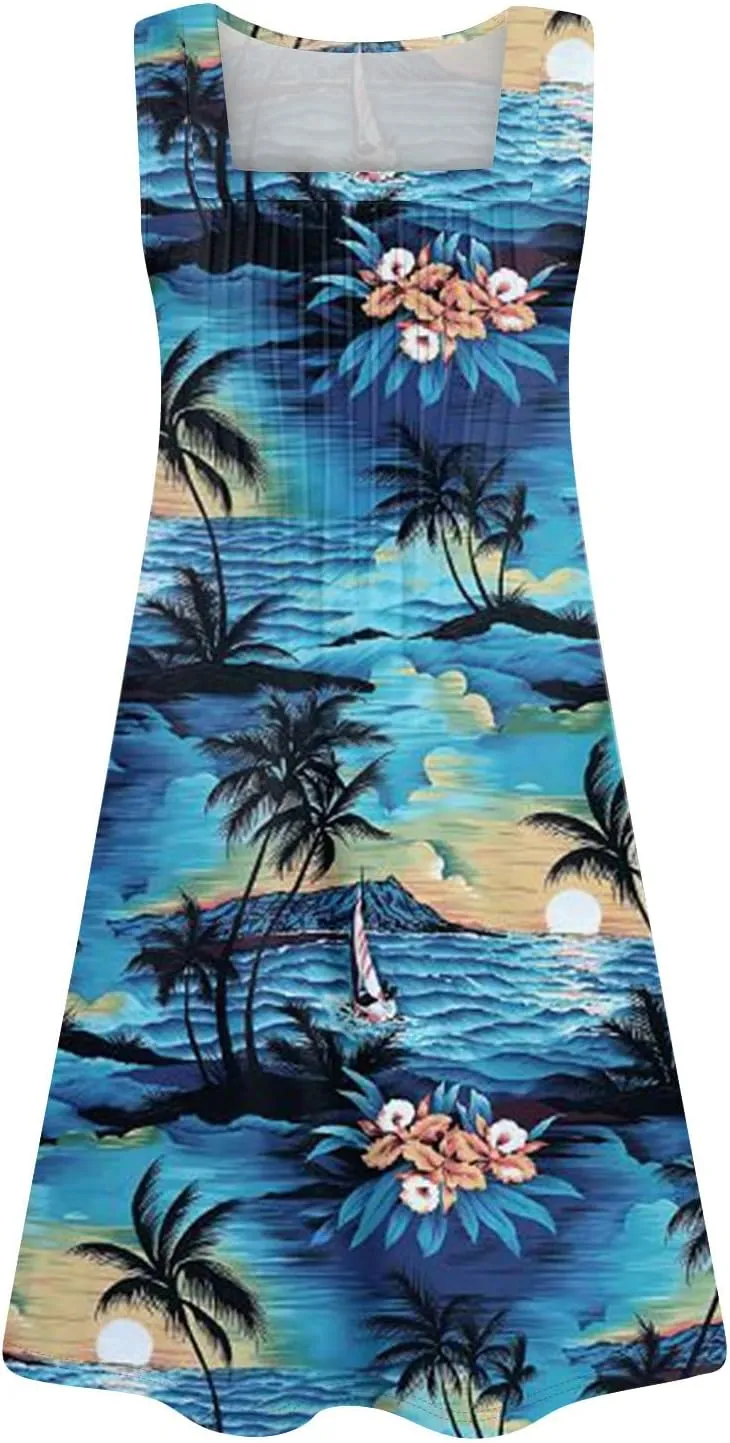 Womens Summer Dresses Casual Beach Vacation Sleeveless Tank Sundresses Boho Hawaiian Dress with Pockets