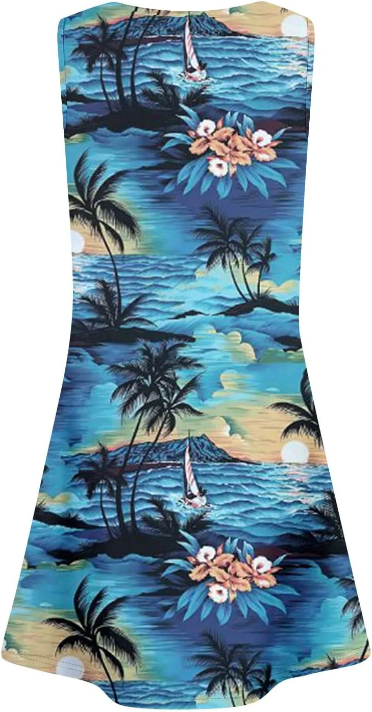 Womens Summer Dresses Casual Beach Vacation Sleeveless Tank Sundresses Boho Hawaiian Dress with Pockets