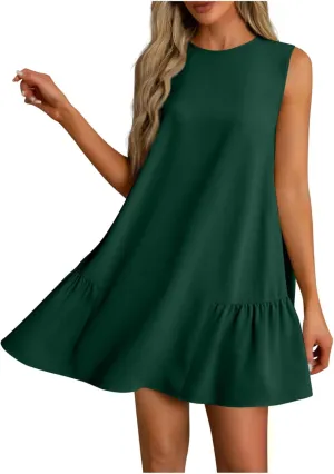 Womens Summer Dresses Casual Sleeveless Ruffle Hem Mini Dress Crewneck T Shirt Sundresses 2025 Loose Vacation Dress