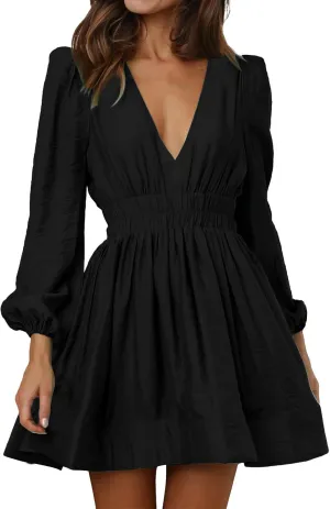 Women's Summer Mini Dress Deep V Neck Sundresses Sexy High Waist Ruffle Dresses Beach Trendy Dress 2025