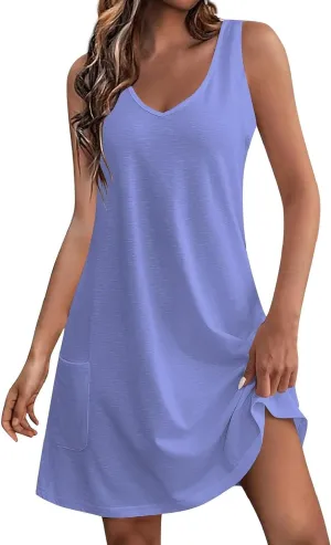 Womens Summer Mini Dress Sleeveless Loose V Neck Solid Tank Dress Casual Sleeveless Short Sundress with Pockets