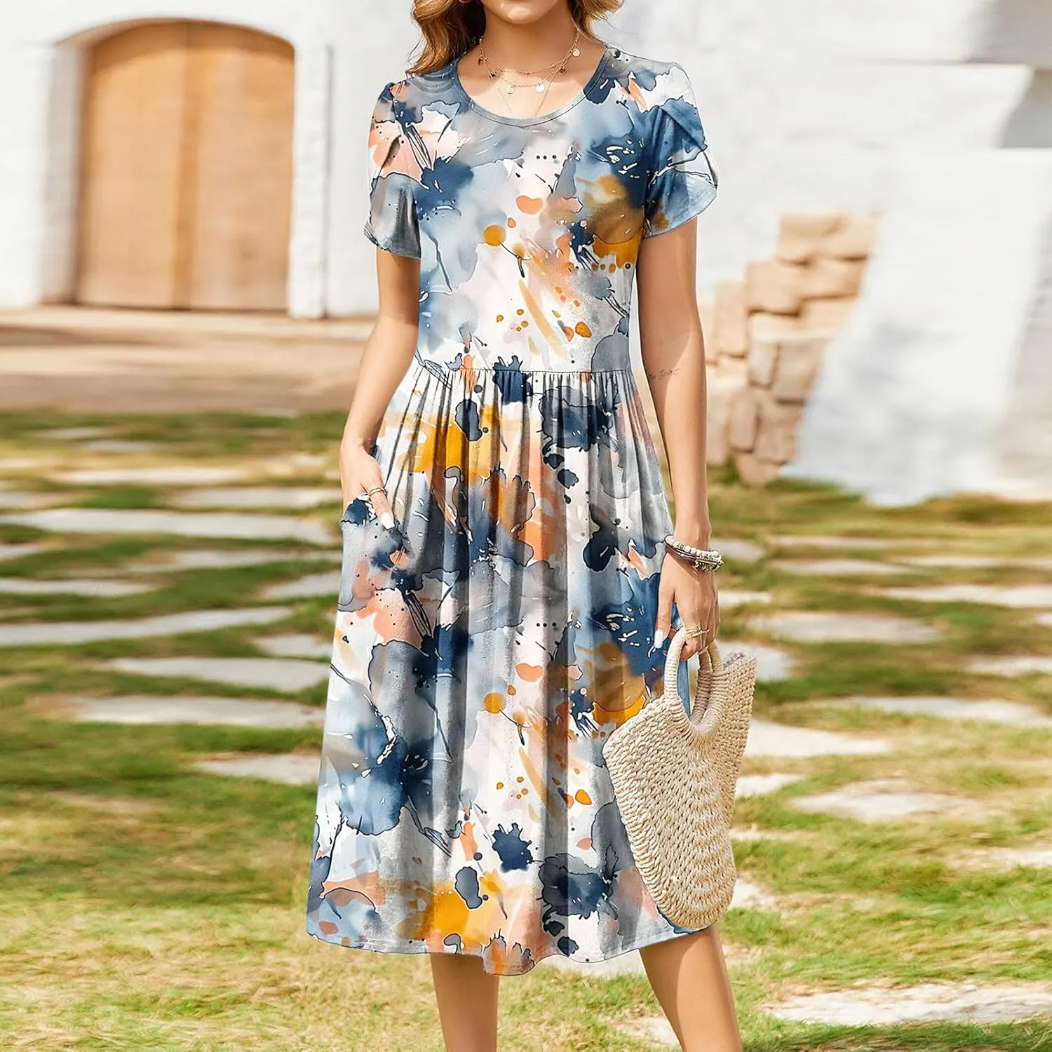 Women's Summer Short Sleeve A-Line Midi Dresses Casual Crewneck T-Shirt Dresses Flowy Beach Sundress with Pockets