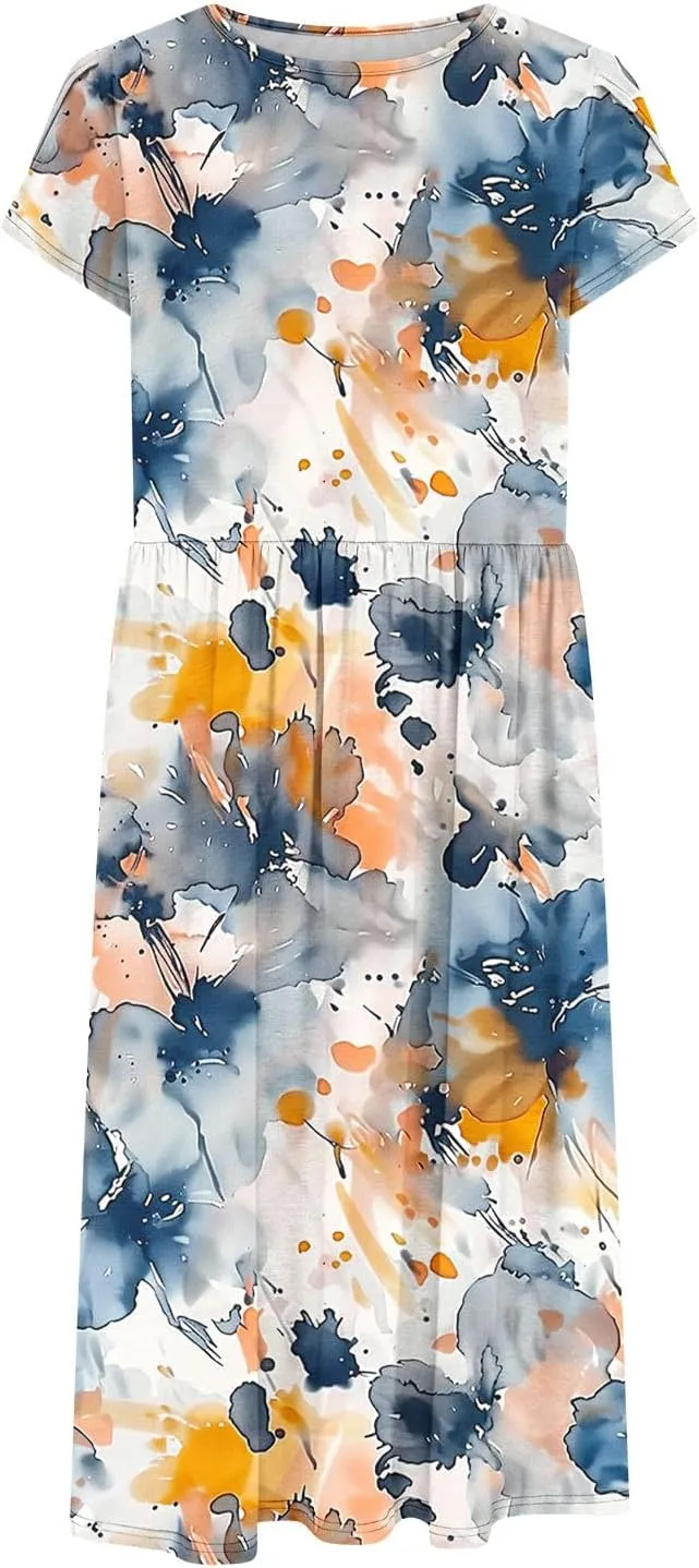 Women's Summer Short Sleeve A-Line Midi Dresses Casual Crewneck T-Shirt Dresses Flowy Beach Sundress with Pockets