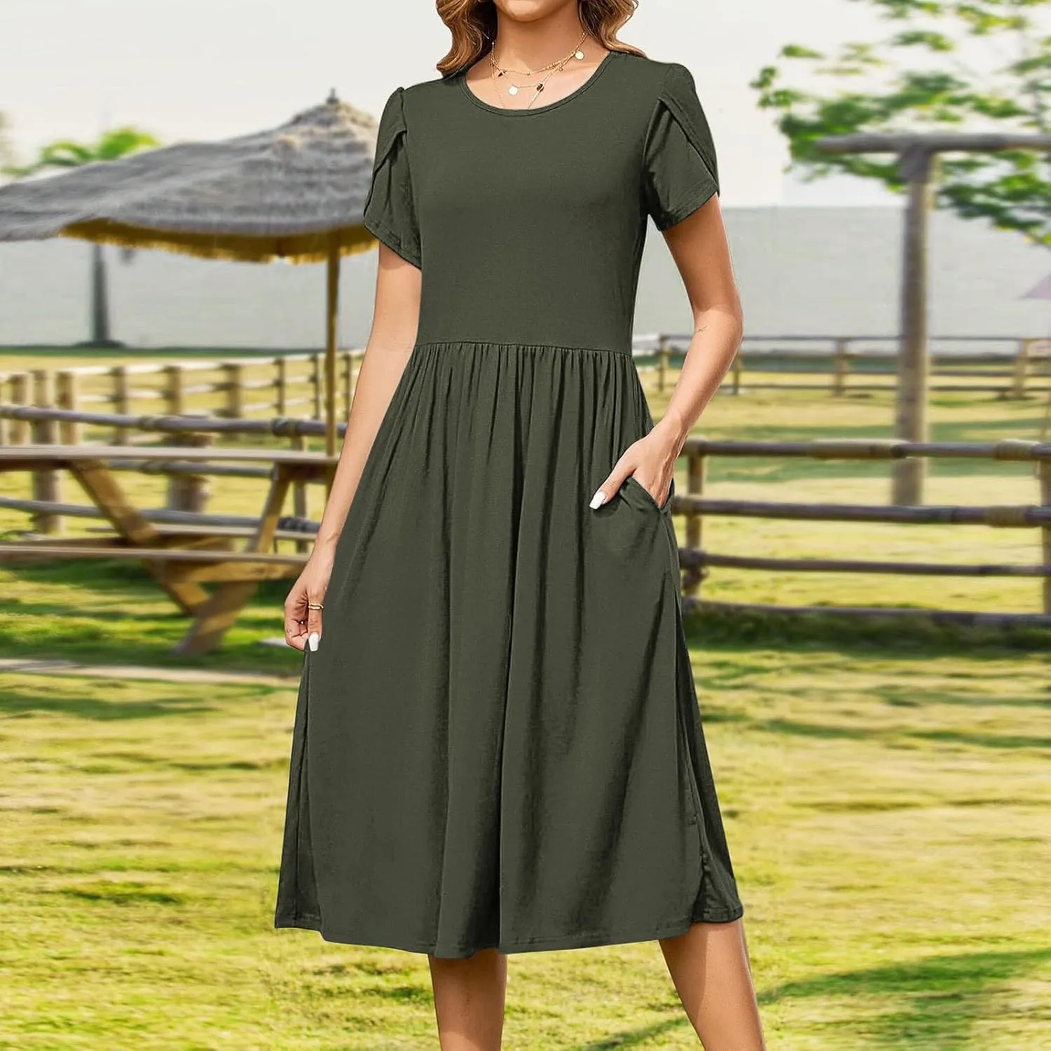 Women's Summer Short Sleeve A-Line Midi Dresses Casual Crewneck T-Shirt Dresses Flowy Beach Sundress with Pockets