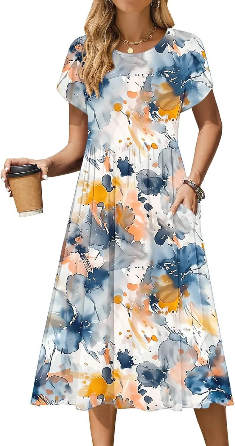 Women's Summer Short Sleeve A-Line Midi Dresses Casual Crewneck T-Shirt Dresses Flowy Beach Sundress with Pockets