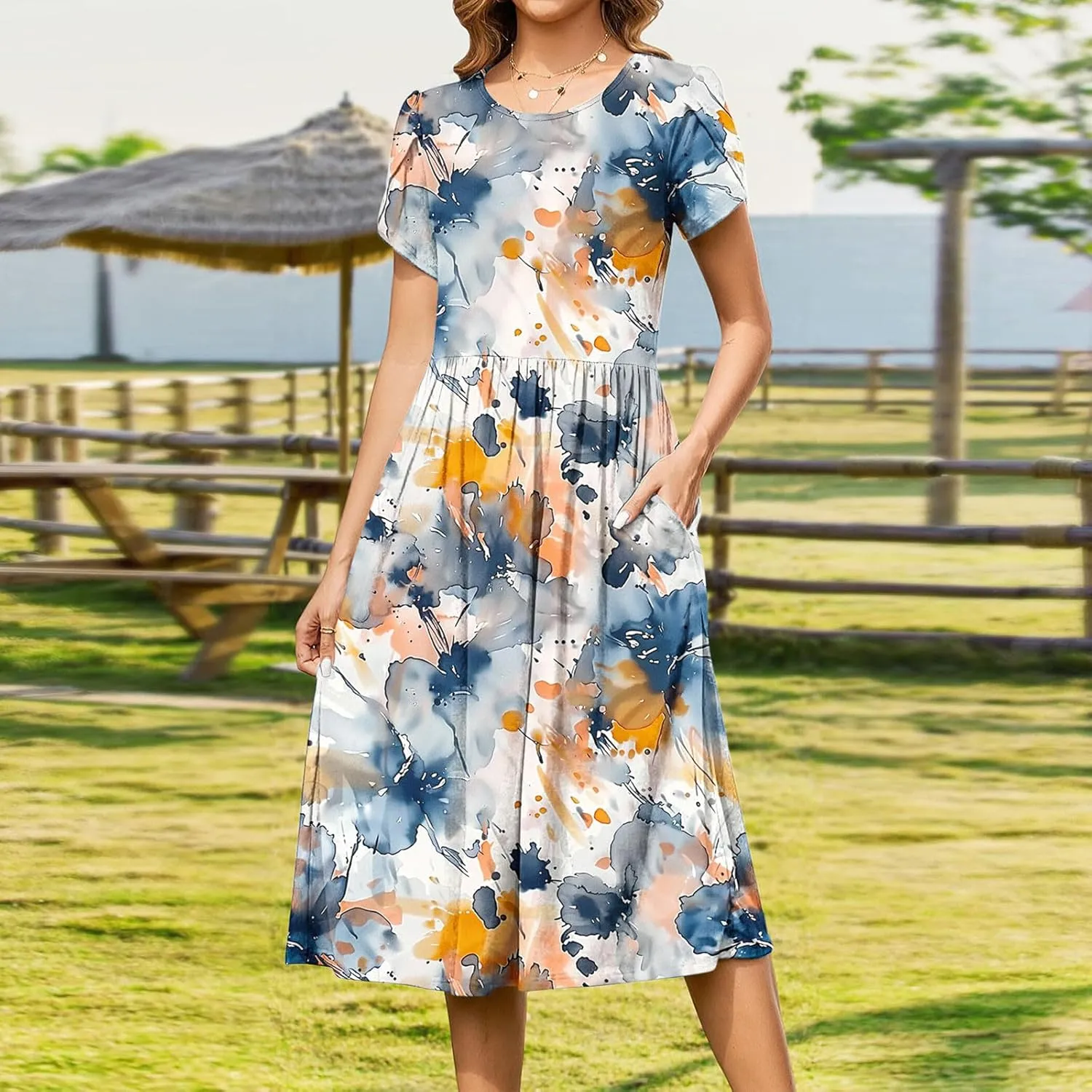 Women's Summer Short Sleeve A-Line Midi Dresses Casual Crewneck T-Shirt Dresses Flowy Beach Sundress with Pockets