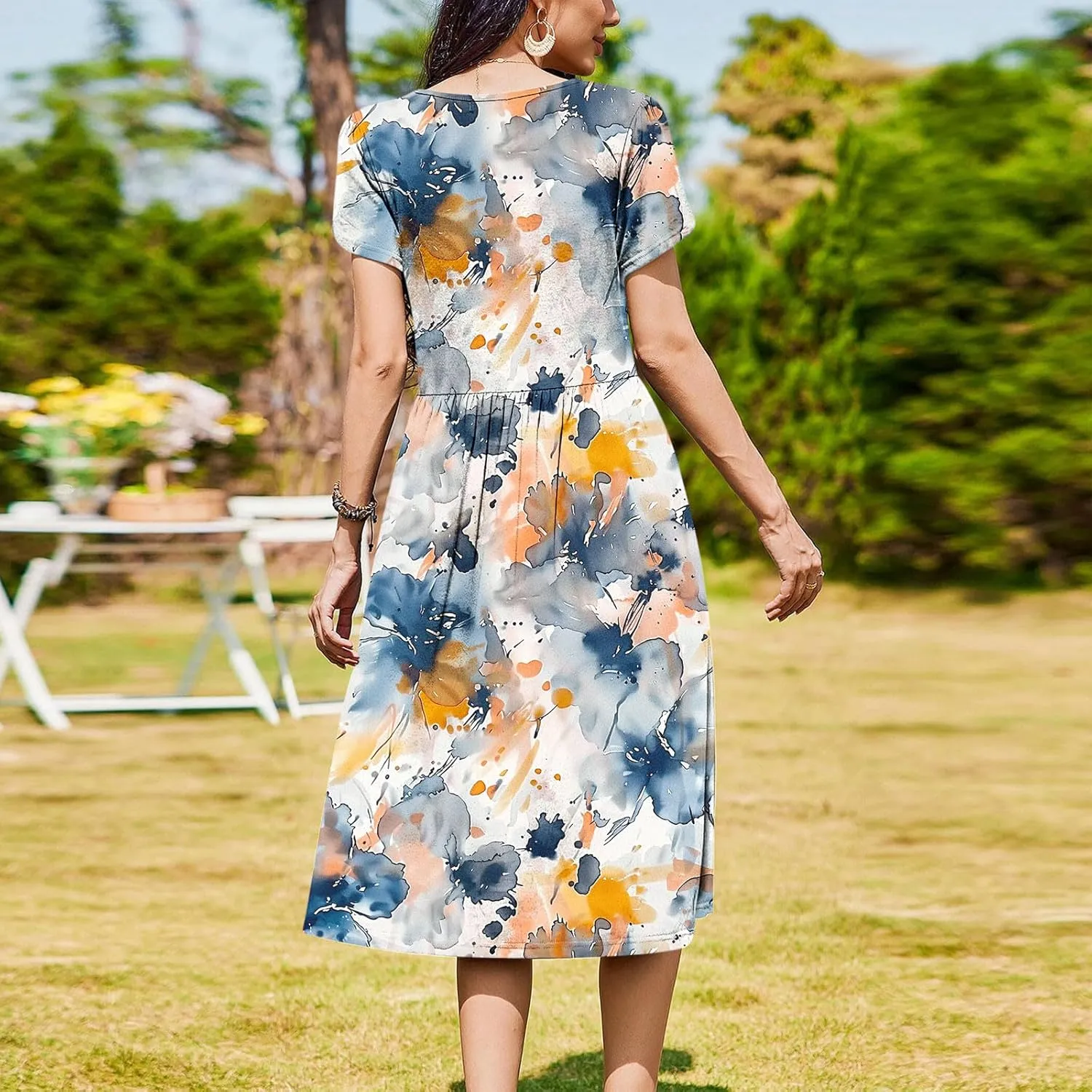 Women's Summer Short Sleeve A-Line Midi Dresses Casual Crewneck T-Shirt Dresses Flowy Beach Sundress with Pockets