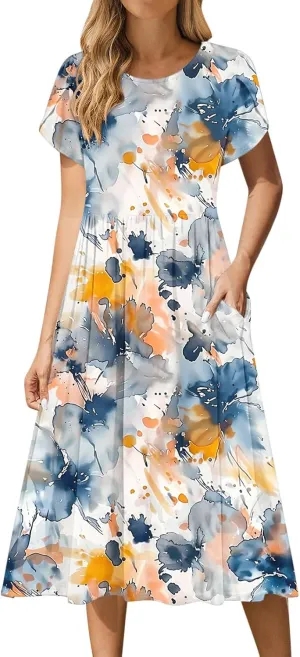 Women's Summer Short Sleeve A-Line Midi Dresses Casual Crewneck T-Shirt Dresses Flowy Beach Sundress with Pockets