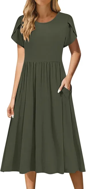 Women's Summer Short Sleeve A-Line Midi Dresses Casual Crewneck T-Shirt Dresses Flowy Beach Sundress with Pockets