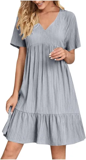 Womens Summer Short Sleeve Dresses V Neck Casual Solid Ruffle Tiered Layered Flowy A-Line Dress 2025 Beach Vacation