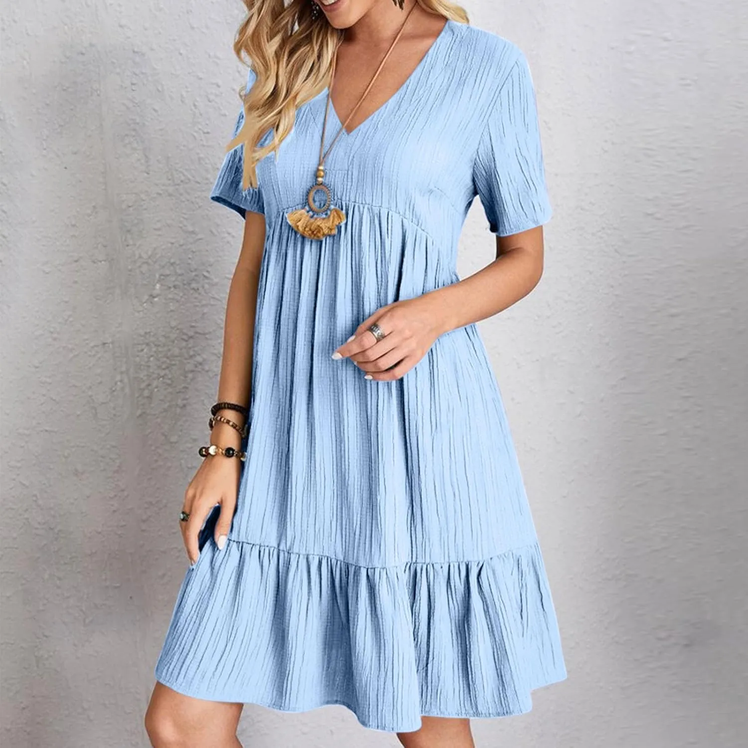 Womens Summer Short Sleeve Dresses V Neck Casual Solid Ruffle Tiered Layered Flowy A-Line Dress 2025 Beach Vacation