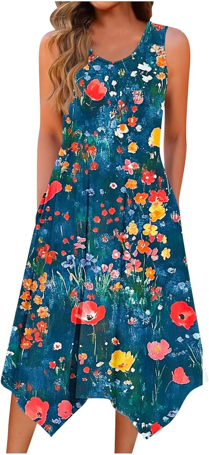 Womens Sundresses for Beach Vacation Summer Sleeveless Round Neck Tank Dress with Pocket Boho Flowy Midi Dress
