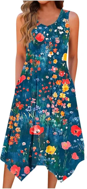 Womens Sundresses for Beach Vacation Summer Sleeveless Round Neck Tank Dress with Pocket Boho Flowy Midi Dress