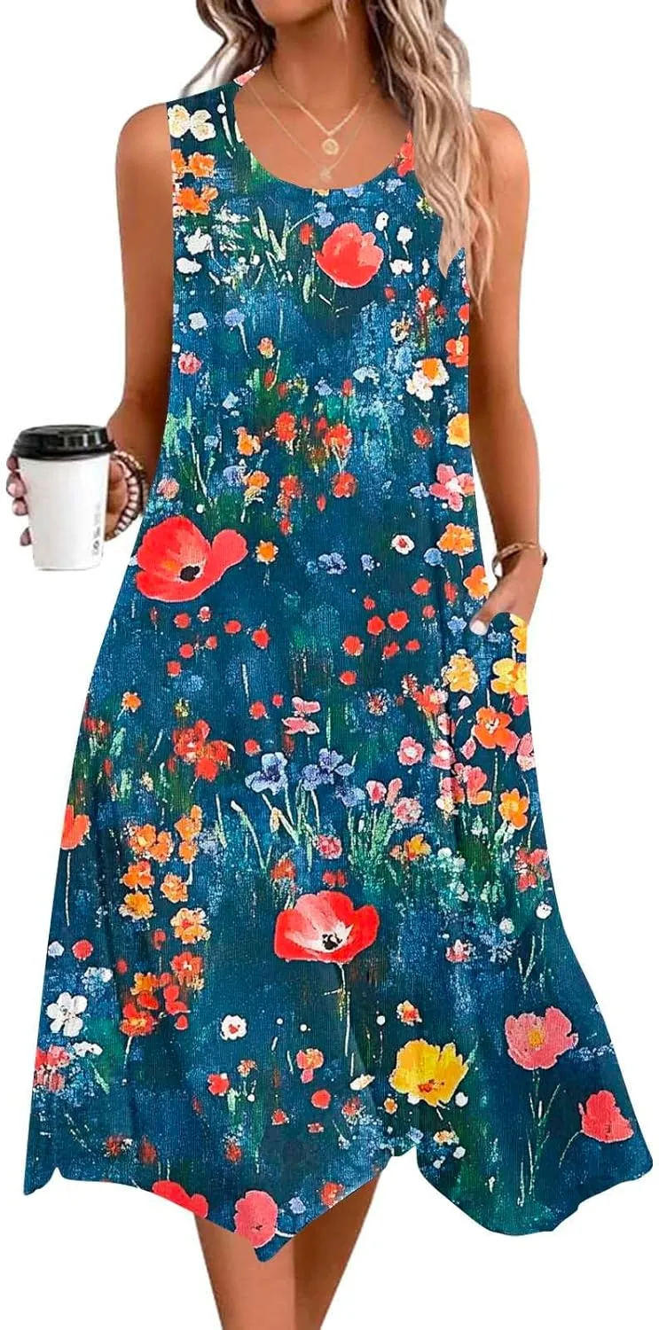 Womens Sundresses for Beach Vacation Summer Sleeveless Round Neck Tank Dress with Pocket Boho Flowy Midi Dress