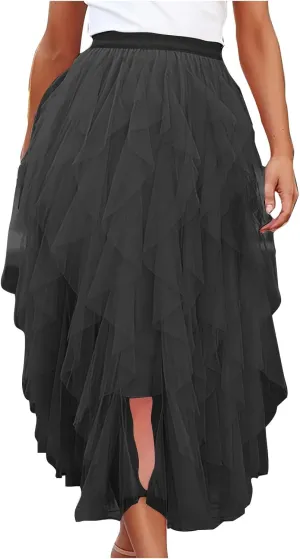 Women's Tulle Midi Skirt Elastic High Waist Flowy Pleated Skirts A line Swing Irregular Layered Mesh Fairy Tutu Skirt