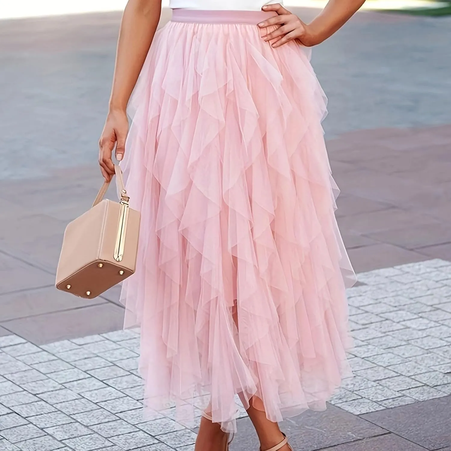 Women's Tulle Midi Skirt Elastic High Waist Flowy Pleated Skirts A line Swing Irregular Layered Mesh Fairy Tutu Skirt