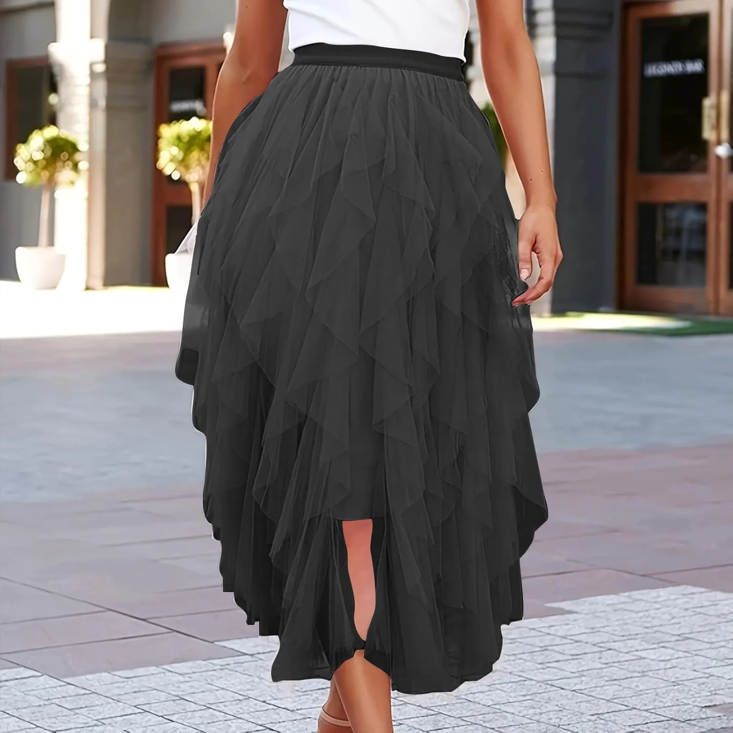 Women's Tulle Midi Skirt Elastic High Waist Flowy Pleated Skirts A line Swing Irregular Layered Mesh Fairy Tutu Skirt