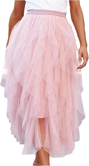Women's Tulle Midi Skirt Elastic High Waist Flowy Pleated Skirts A line Swing Irregular Layered Mesh Fairy Tutu Skirt
