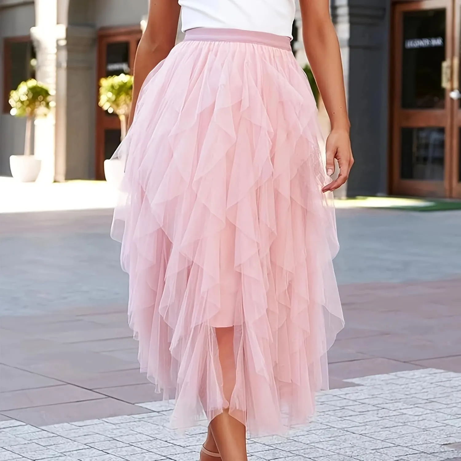 Women's Tulle Midi Skirt Elastic High Waist Flowy Pleated Skirts A line Swing Irregular Layered Mesh Fairy Tutu Skirt