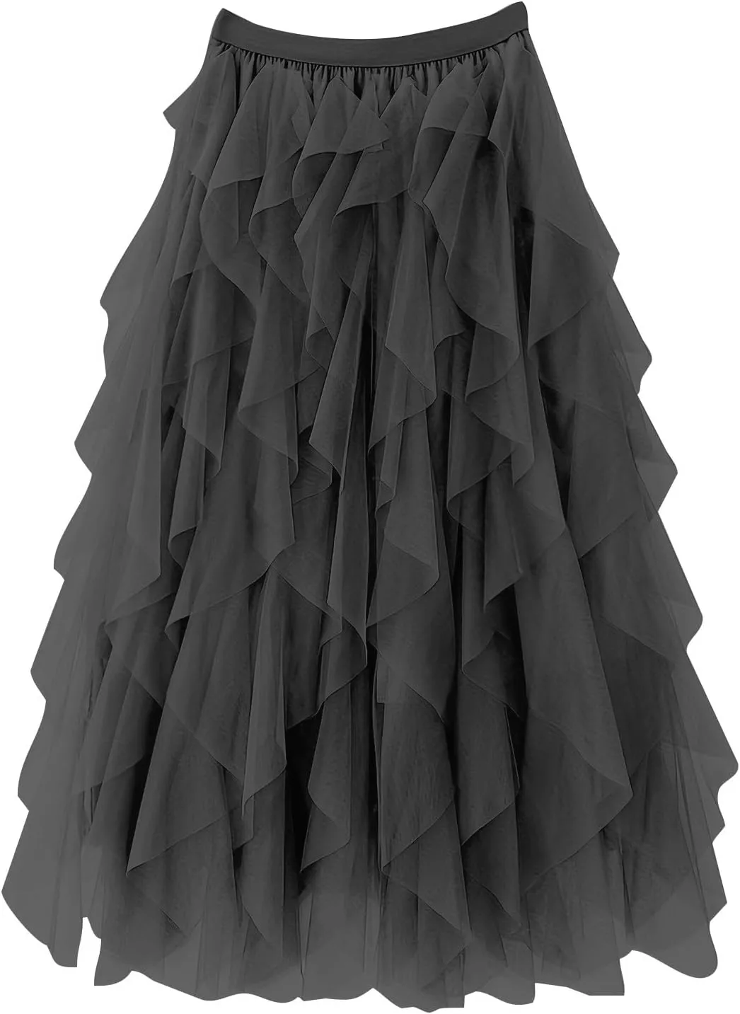Women's Tulle Midi Skirt Elastic High Waist Flowy Pleated Skirts A line Swing Irregular Layered Mesh Fairy Tutu Skirt
