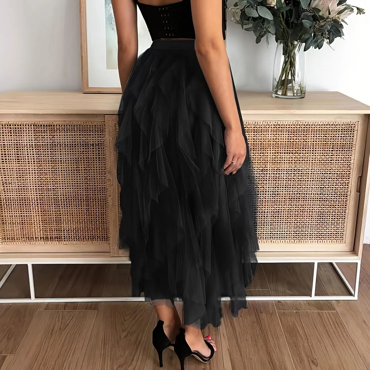 Women's Tulle Midi Skirt Elastic High Waist Flowy Pleated Skirts A line Swing Irregular Layered Mesh Fairy Tutu Skirt
