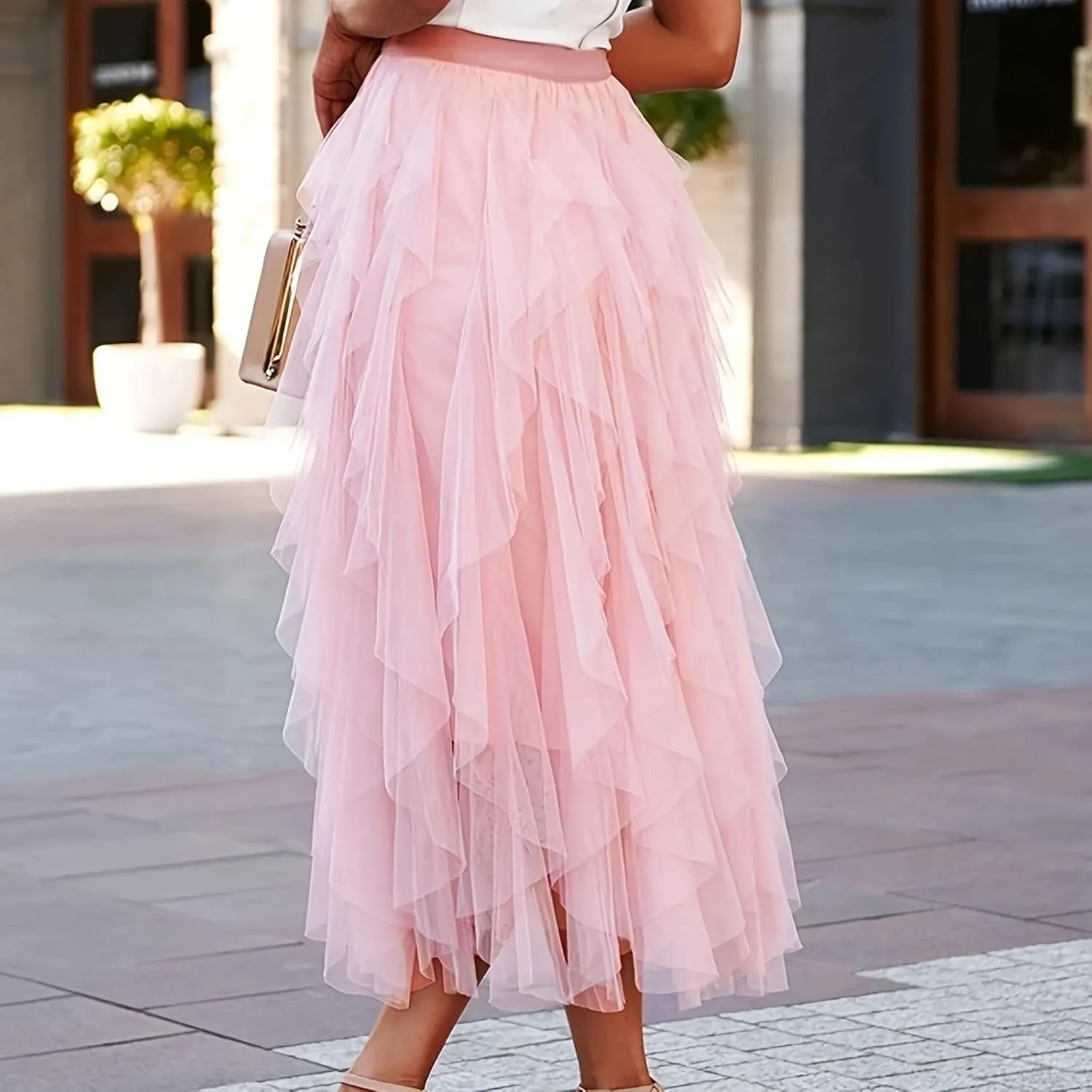 Women's Tulle Midi Skirt Elastic High Waist Flowy Pleated Skirts A line Swing Irregular Layered Mesh Fairy Tutu Skirt