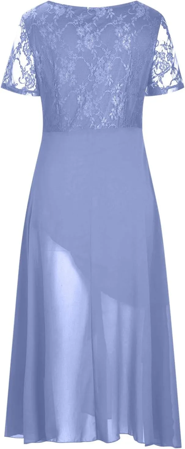 Women's V-Neck Mother of The Bride Dresses Lace Chiffon Wedding Guest Dress Short Sleeve Formal Evening Party Gowns