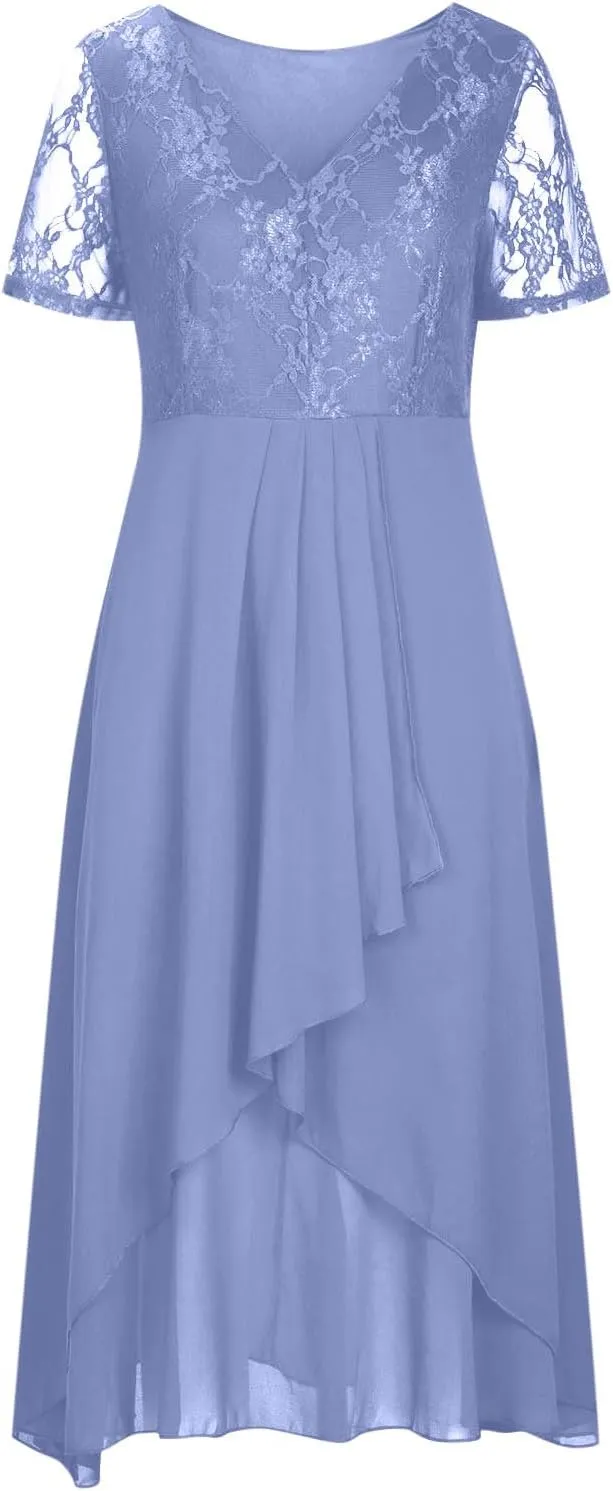 Women's V-Neck Mother of The Bride Dresses Lace Chiffon Wedding Guest Dress Short Sleeve Formal Evening Party Gowns