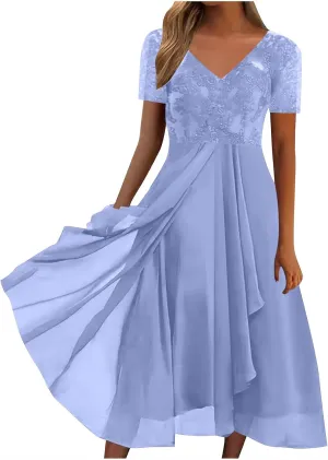 Women's V-Neck Mother of The Bride Dresses Lace Chiffon Wedding Guest Dress Short Sleeve Formal Evening Party Gowns