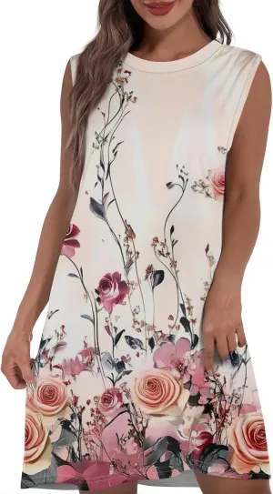 Women's Vacation Sleeveless Mini Dresses Printed Crew Neck Beach Sundress 2025 Summer Casual Loose Pockets Dress