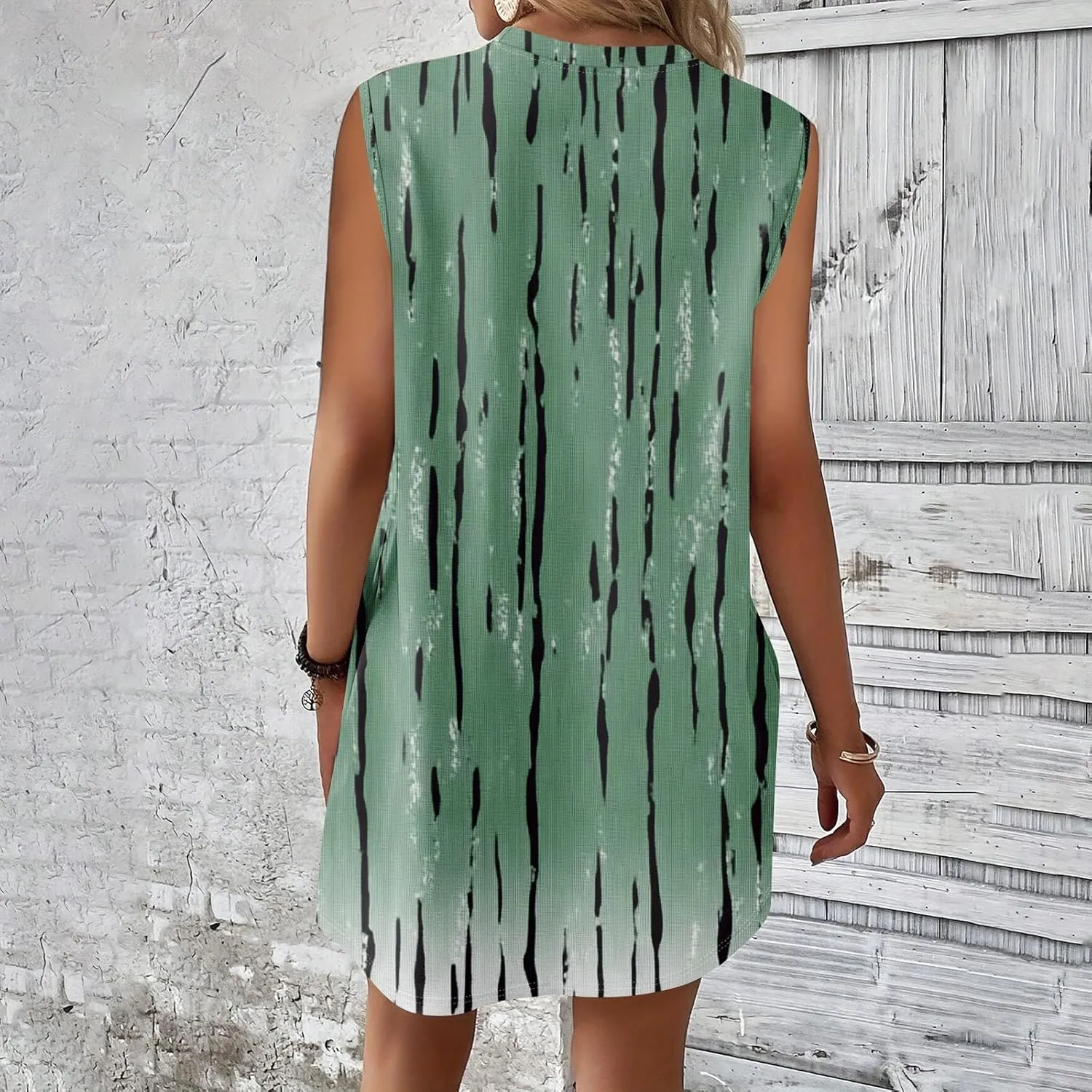 Women's Vacation Sleeveless Mini Dresses Printed Crew Neck Beach Sundress 2025 Summer Casual Loose Pockets Dress