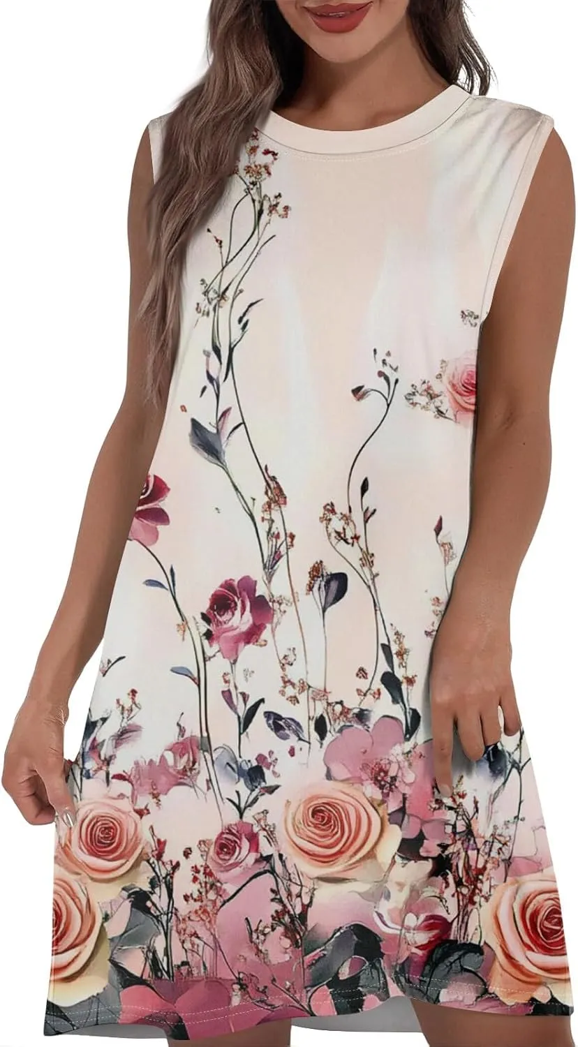 Women's Vacation Sleeveless Mini Dresses Printed Crew Neck Beach Sundress 2025 Summer Casual Loose Pockets Dress