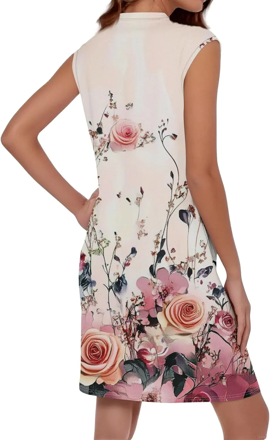 Women's Vacation Sleeveless Mini Dresses Printed Crew Neck Beach Sundress 2025 Summer Casual Loose Pockets Dress