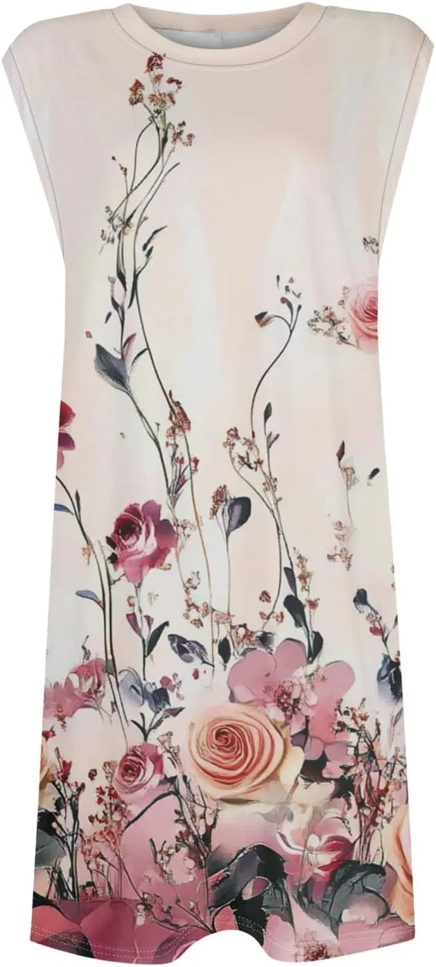 Women's Vacation Sleeveless Mini Dresses Printed Crew Neck Beach Sundress 2025 Summer Casual Loose Pockets Dress