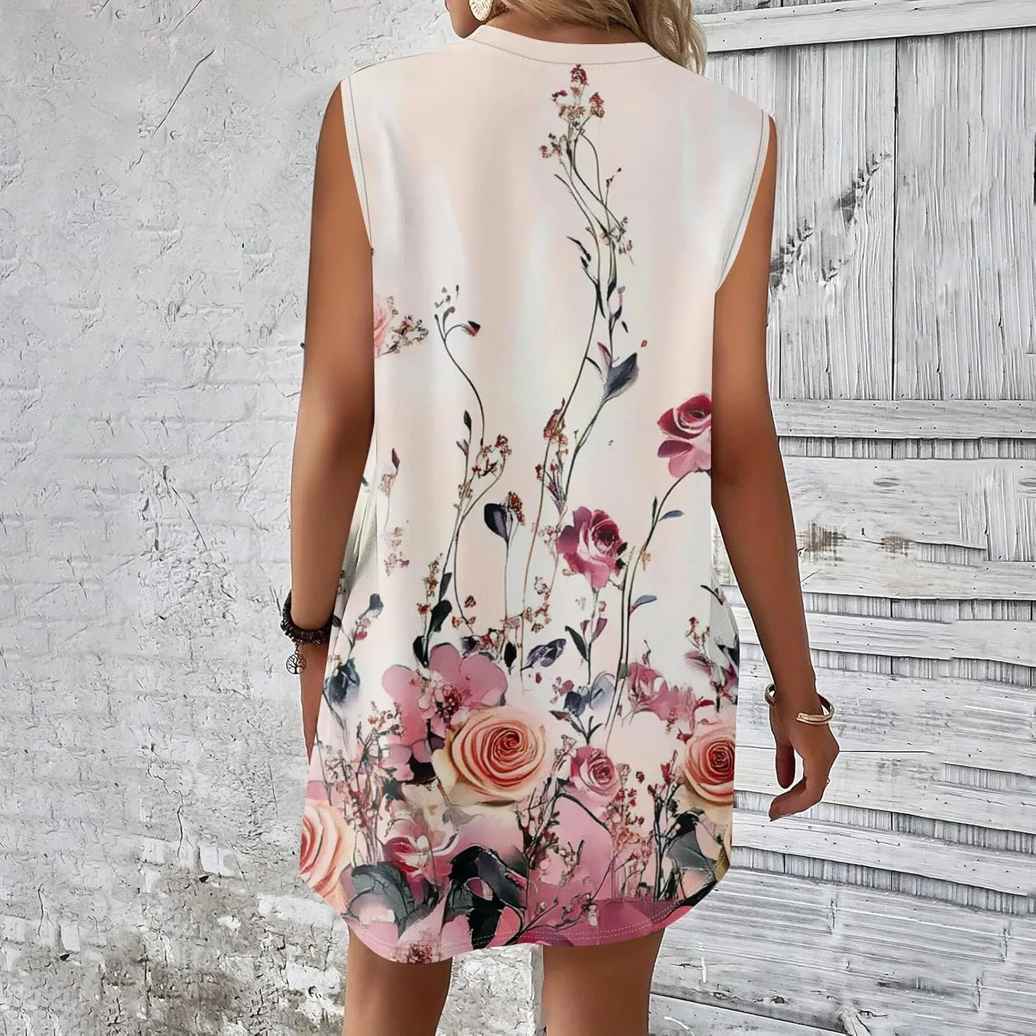 Women's Vacation Sleeveless Mini Dresses Printed Crew Neck Beach Sundress 2025 Summer Casual Loose Pockets Dress