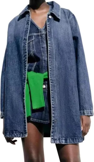 Women's Vintage Loose Fit Lapel Button Down Distressed Washed Long Denim Jacket Trench Coat