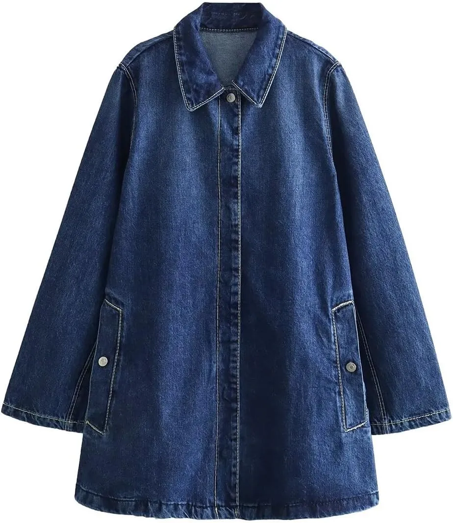 Women's Vintage Loose Fit Lapel Button Down Distressed Washed Long Denim Jacket Trench Coat