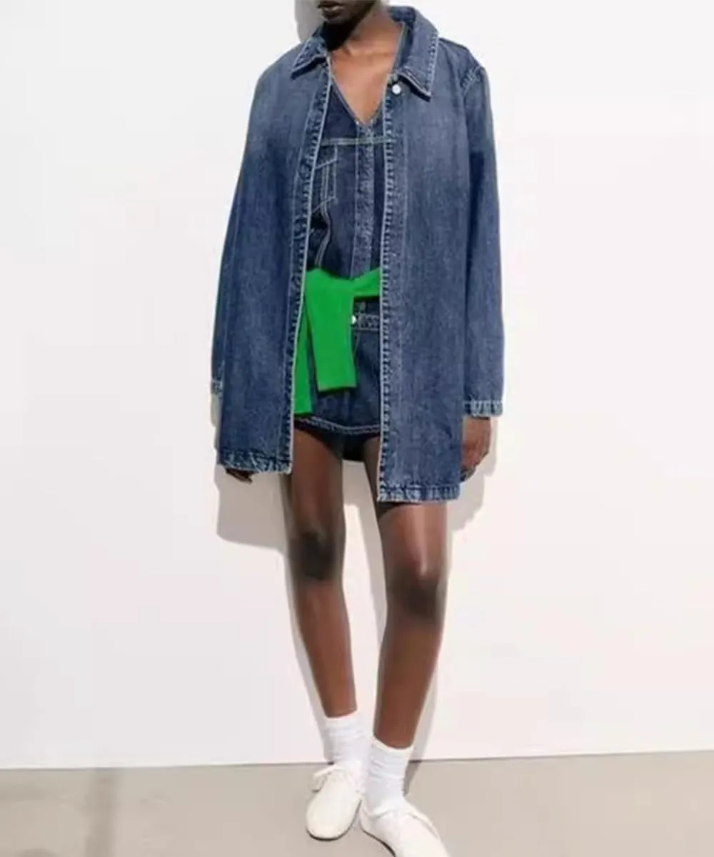 Women's Vintage Loose Fit Lapel Button Down Distressed Washed Long Denim Jacket Trench Coat