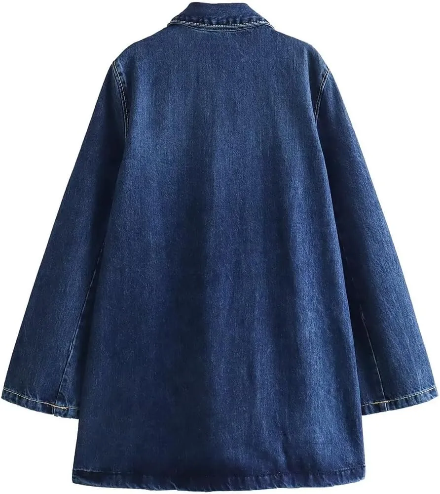 Women's Vintage Loose Fit Lapel Button Down Distressed Washed Long Denim Jacket Trench Coat