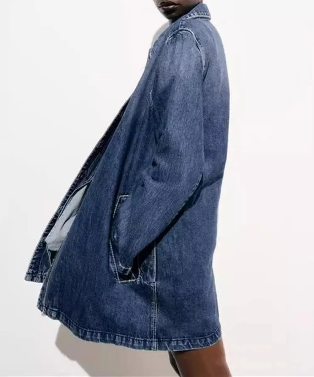 Women's Vintage Loose Fit Lapel Button Down Distressed Washed Long Denim Jacket Trench Coat