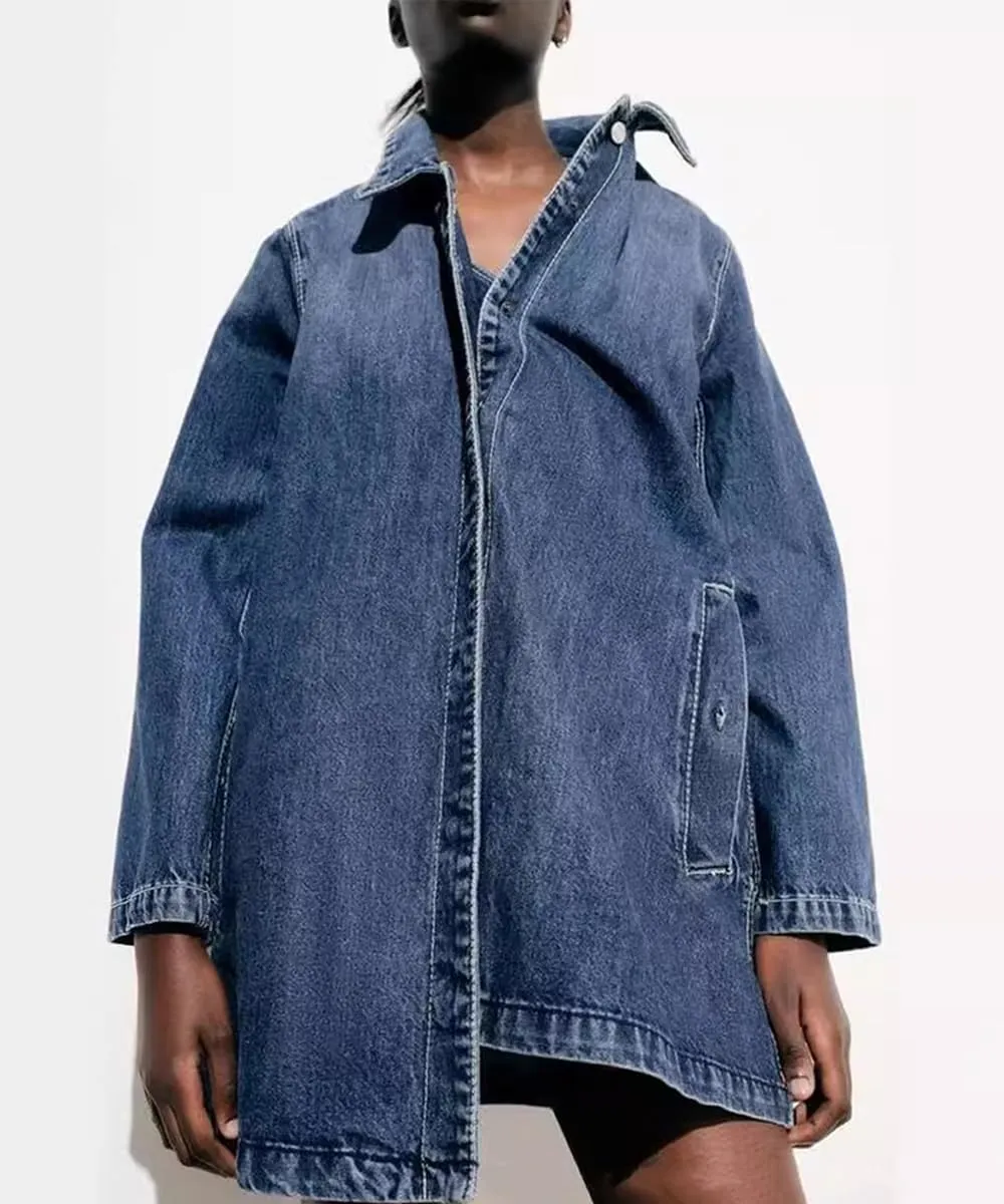 Women's Vintage Loose Fit Lapel Button Down Distressed Washed Long Denim Jacket Trench Coat