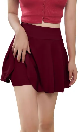 XOWRTE Women's Flared Pleated Skater Skirt Basic Casual High Waisted Ruffles Flared Mini Lingerie Skirts with Shorts