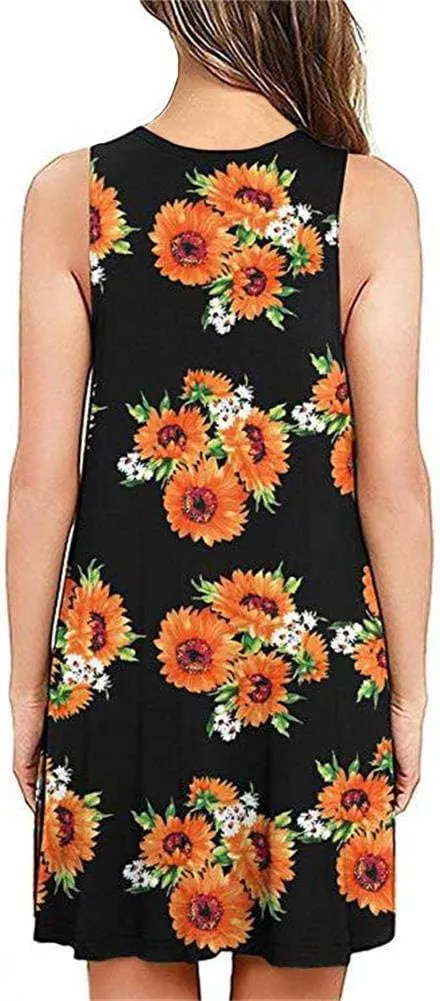 YAKER Women Summer Casual T Shirt Dresses Beach Cover up Plain Pleated Tank Dress with Pockets