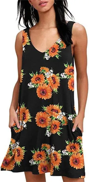 YAKER Women Summer Casual T Shirt Dresses Beach Cover up Plain Pleated Tank Dress with Pockets