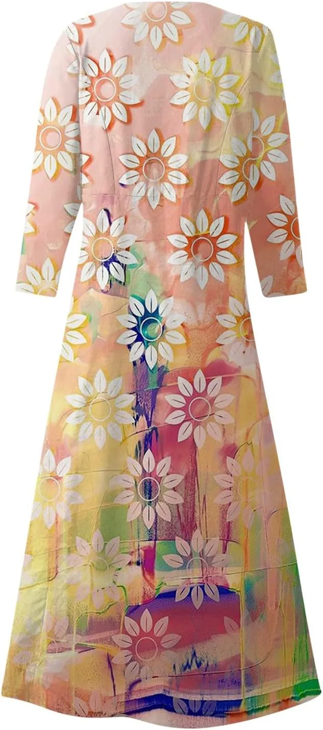 Yesunpxs 3/4 Sleeve Dresses for Women Summer Flowy Long Dress Casual Beach Sundresses Printed Boho Maxi Dresses with Pockets