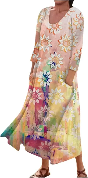 Yesunpxs 3/4 Sleeve Dresses for Women Summer Flowy Long Dress Casual Beach Sundresses Printed Boho Maxi Dresses with Pockets