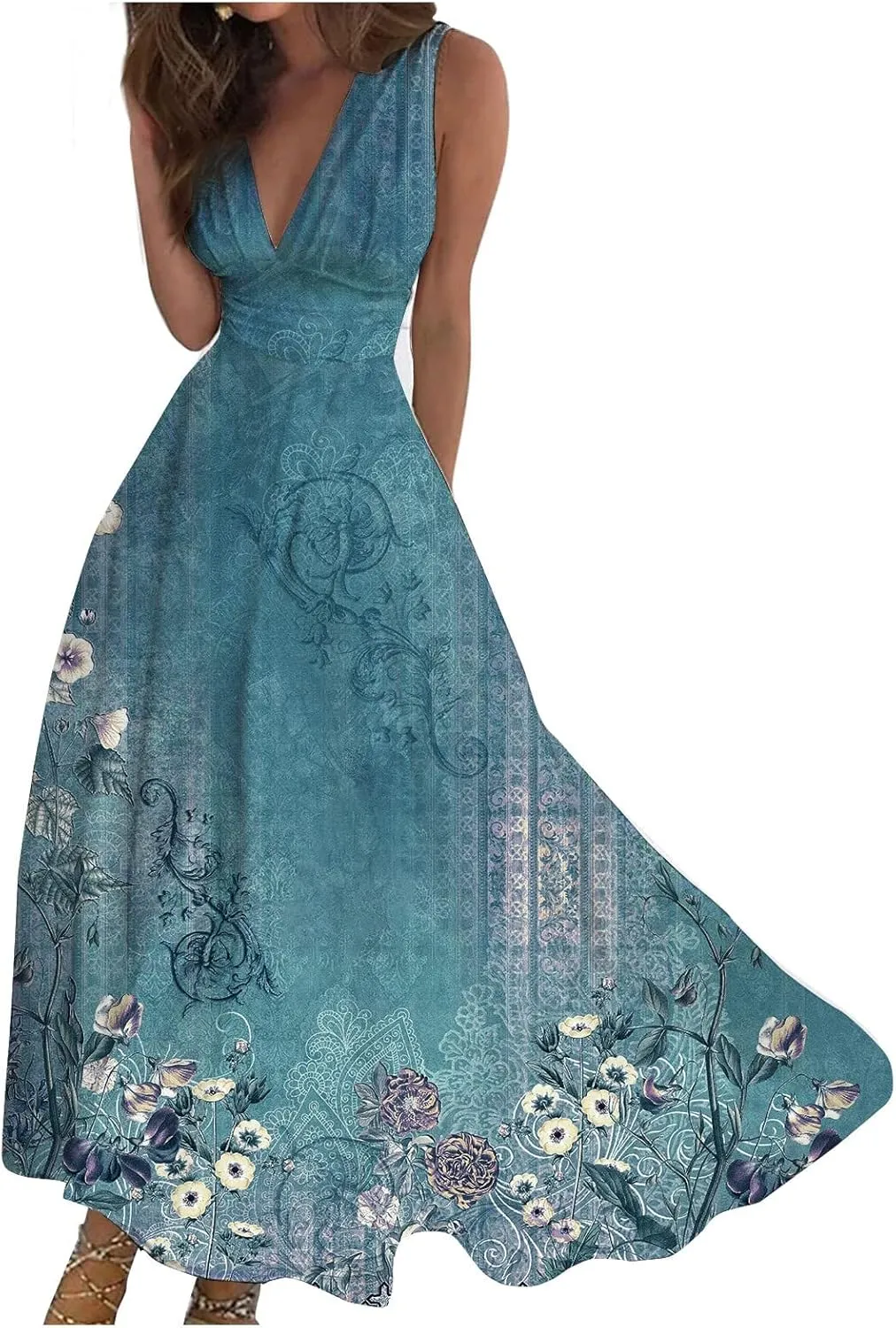 Yesunpxs Dresses for Women 2024 Sleeveless Flowy Ruched Maxi Dress Wrap V Neck Floral Printed Beach Dresses Boho Sundresses